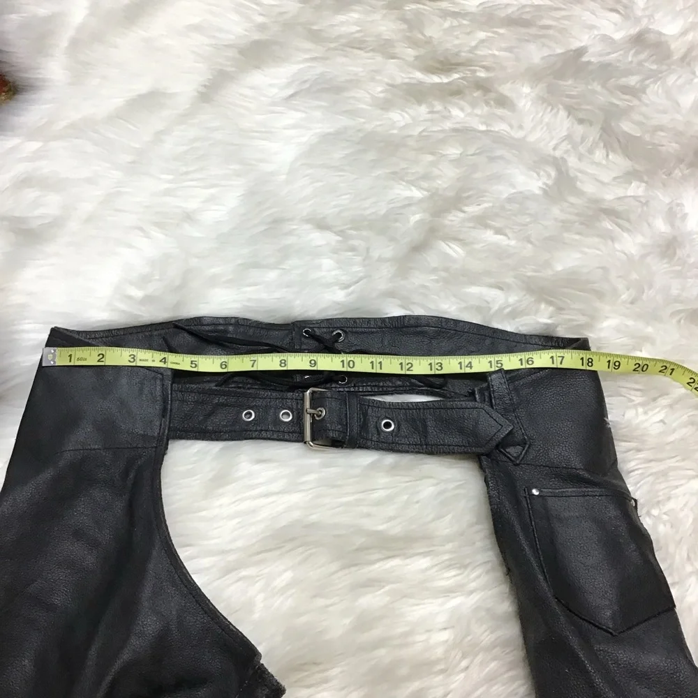 Event Leather Black Motorcycle Chaps Zip Sides Snap Bottoms Pocket